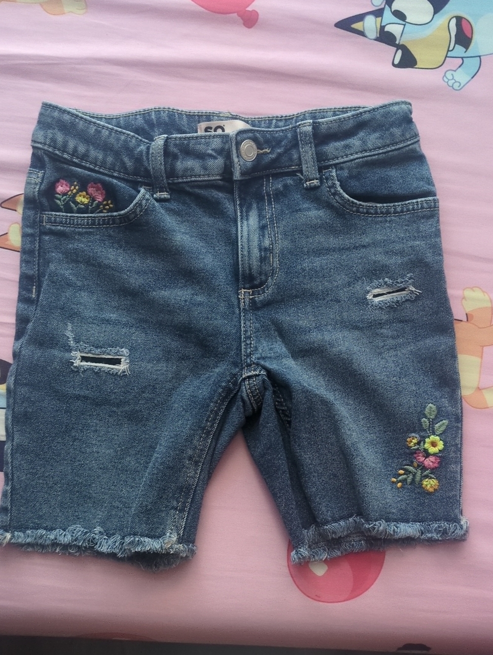 SO Blue Denim Girls' Embroidered Floral Shorts